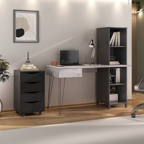 Conjunto 2 Peças com Escrivaninha no Estilo Industrial Fusion com 4 Nichos e Gaveteiro 4 Gavetas Bit Concreto Preto Artany