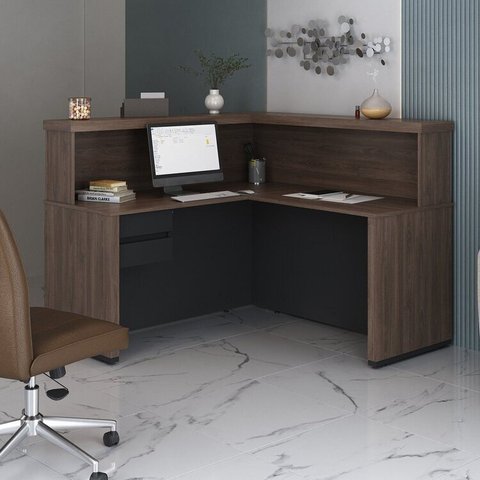 Balcão para Atendimento Recepção em L com 2 Gavetas 147,7x147,7cm Preto/Charuto Artany