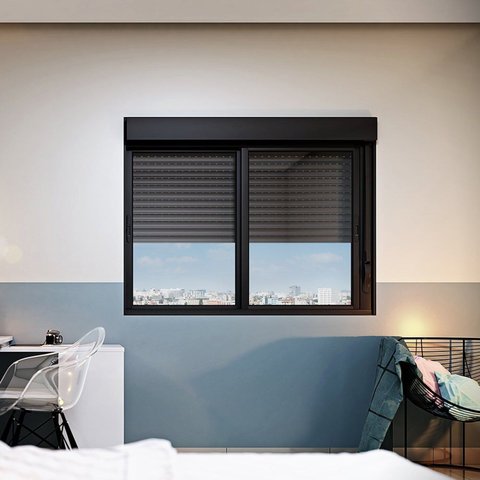 Janela Veneziana Integrada Motorizada 120x150cm Alumínio Preto Lucasa 110V