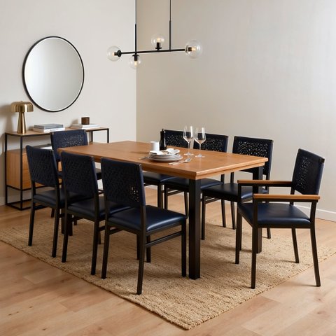 Conjunto Sala de Jantar Mesa 8 Cadeiras Tampo de Madeira Maciça Pinus Athenas Madri Azul Preto/Corda Azul/Galaxy Azul