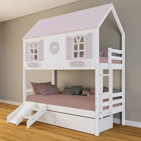 Beliche Casinha Bela com Coração 2 Gavetas Kit Escada/escorregador - Madeira Maciça Branco/rosa