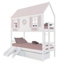 Ver imagem 2 de Beliche Casinha Bela com Coração 2 Gavetas Kit Escada/escorregador - Madeira Maciça Branco/rosa