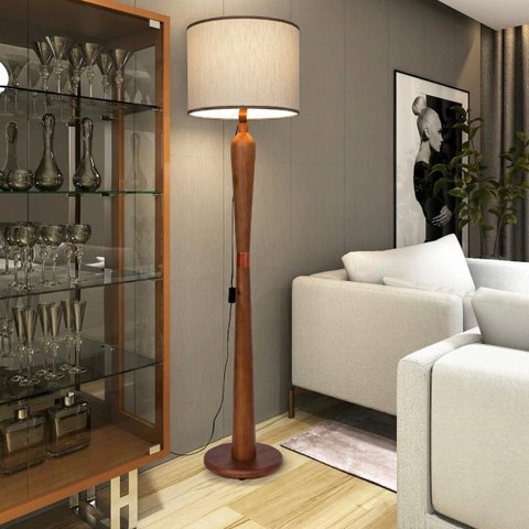 Luminária de Chão Master 160cm Madeira Maciça Cobre Bivolt E27 Cúpula - Palha/Corino