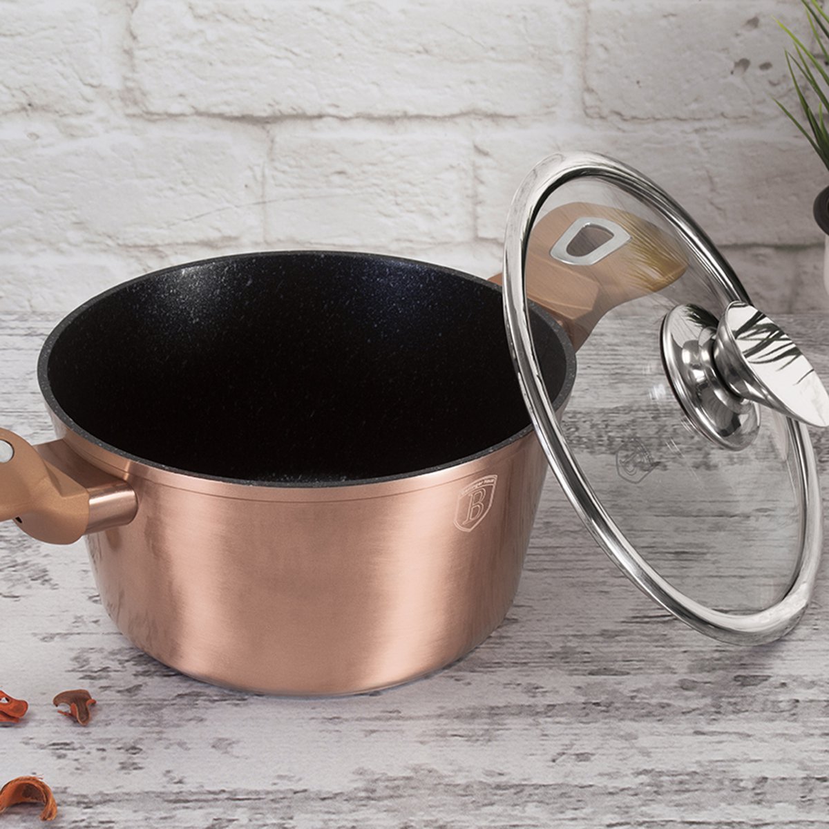 Caçarola Panela Antiaderente 20cm Indução Cooktop Receitas Cozinha Rose Gold Berlinger Haus 2,5l - 4