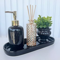 Bandeja preta + vaso taça + difusor âmbar + porta sabonete - 2