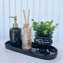 Bandeja preta + vaso taça + difusor âmbar + porta sabonete - 4