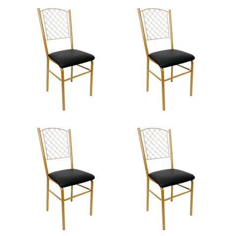 Cadeira para Cozinha com reforço cor Dourado Fosco assento preto encosto de grade 4 Unidades Poltron