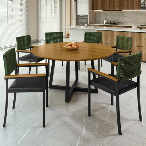 Conjunto Sala de Jantar Mesa Redonda 6 Cadeiras Tampo de MDF Coliseu Madri Preto Verde/Preto