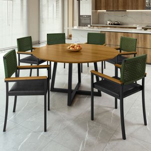 Conjunto Sala de Jantar 6 Cadeiras Madri com Braço Mesa Redonda 150cm Tampo Mdf Coliseu