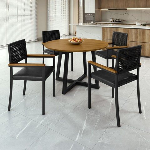Conjunto Sala de Jantar Mesa Redonda 4 Cadeiras com Braço MDF Coliseu Preto