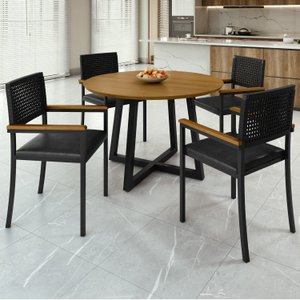 Conjunto Sala de Jantar 1 Mesa Tampo MDF Redondo Coliseu 4 Cadeiras Madri com Braço
