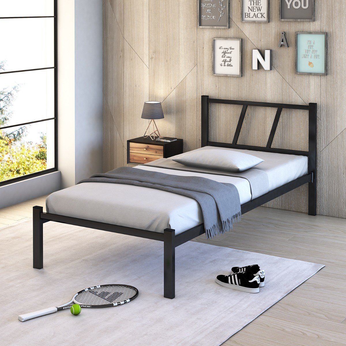 Cama Solteiro Bruna 100% de Aço Estilo Industrial Sistema de Encaixe Preto