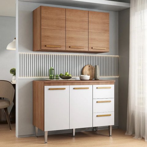 Balcão Cozinha Joia 1.10m Luxo + Aereo Madeirado/Branco Mesclado