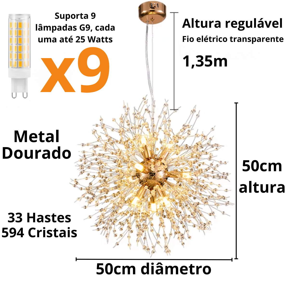 Ver imagem 2 de Luminária Pendente 50cm Dente Leão 594 Cristais Dourado 9 X G9 Lustre Teto Gimpo Kjdd-l-457-gold