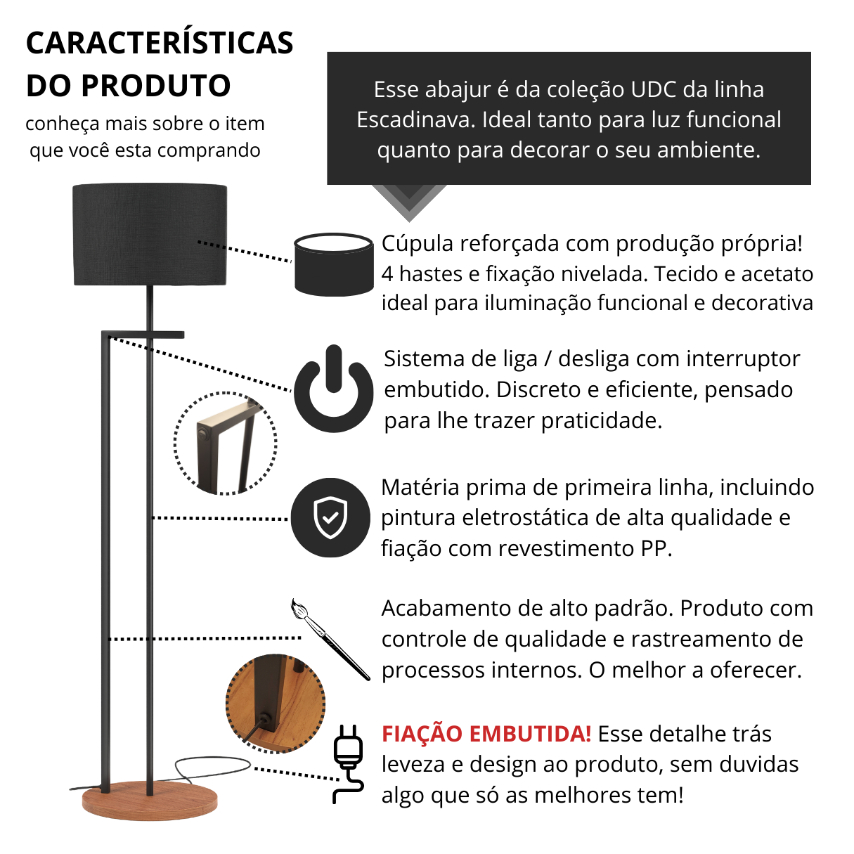 Luminária Salone Aço Embutido Preto Premium Quarto e Sala - 5