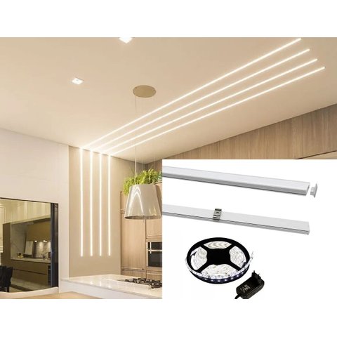 Perfil Alumínio Preto Sobrepor + Fita Led Frio + Fonte 2m