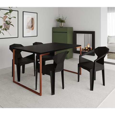 Mesa Jantar Retangular Manchester Preta Base Cobre 4 Cadeiras Diamond Sala - Preto/cobre