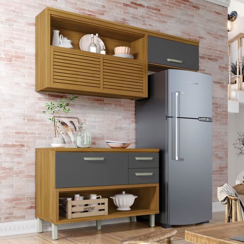 Cozinha Compacta Princesa 3 Portas 2 Gavetas Ripado 100% Mdf Freijó/grafite - Nesher