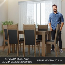 Conjunto Sala de Jantar Mesa Tampo de Madeira 6 Cadeiras Rustic/preto Bahamas Madesa - 6