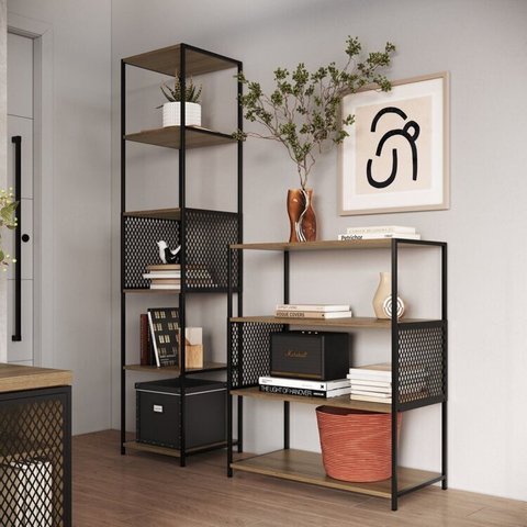 Kit 2 Estantes Industrial Telada Marrom/Preto/Mel