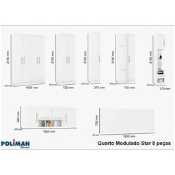 Quarto Modulado Casal Completo De Canto 14 Portas 6 Gavetas Com Ponte De 1,80m Star Branco - 2