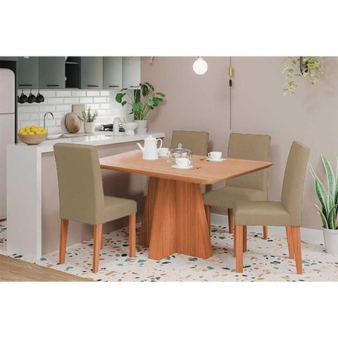 Sala de Jantar Completa Maitê Tampo Madeirado 130x80cm e 4 Cadeiras Maia Cinamomo - Cinamomo/suede