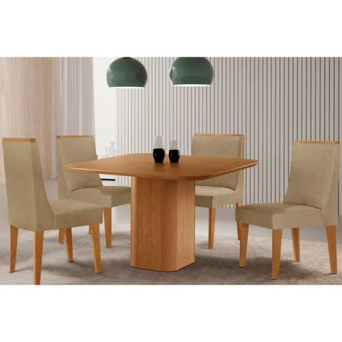 Conjunto: Mesa de Cozinha Maldivas C/ Tampo Madeirado Canto Curvo 90x90cm e 4 Cadeiras Dakota