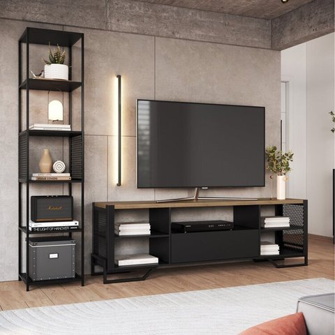 Rack Para TV Até 60 Polegadas Com 5 Nichos Com Estante Telada Preto Industrial 