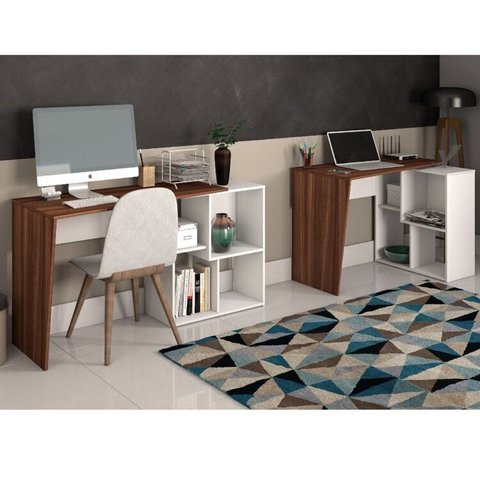 Conjunto 2 Peças com Escrivaninhas Modernas com e 2 Opções de Montagem 4 Nichos Ipê e Branco Artany