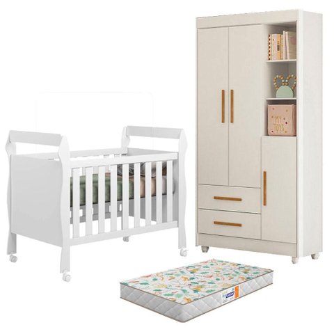 Berço Americano Soninho com Guarda Roupa Flocos Branco Acetinado Colchão Americano Gazin - Tigus