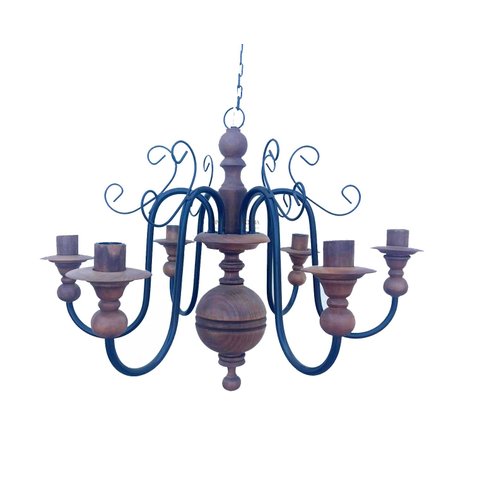 Lustre Rustico Madeira Torneado Ferro Artesanal 6 Lampadas