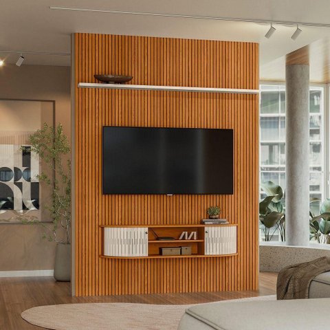 Painel Tv 65 Pol 179cm Ripado Valen e Bancada Suspensa Norezi Cinamomo/off White M20 - D'Rossi