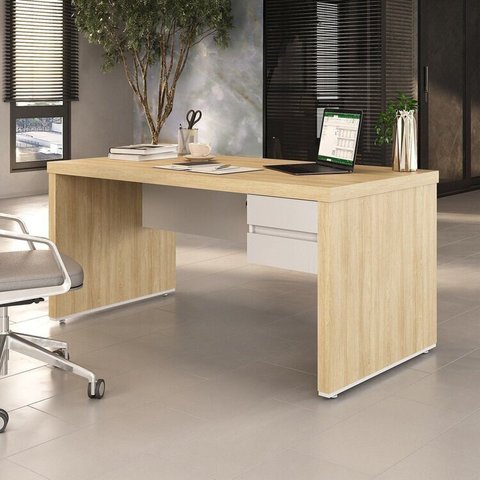 Escrivaninha Mesa Escritório Diretor em Tamburato com Elegance 2 Gavetas 158,5cm Carvalho e Branco Marrom Artany