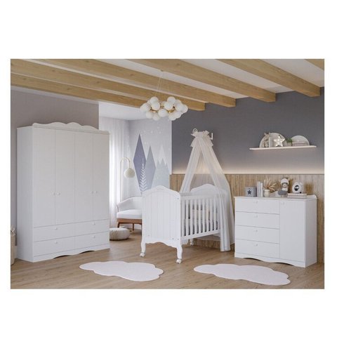 Quarto de Bebê 3 Peças com Berço e Cômoda 4 Gavetas e Guarda-Roupa 4 Portas 4 Gavetas Aquarela Espre Branco