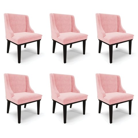 Kit 6 Cadeiras Decorativas Sala de Jantar Base Fixa de Madeira Firenze Suede Rosa Bebê/Preto G19 - G