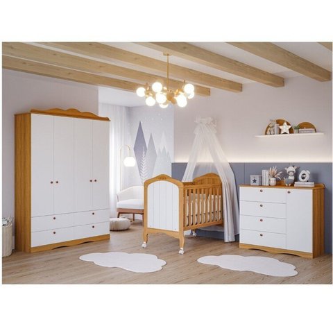 Quarto de Bebê 3 Peças com Berço e Cômoda 4 Gavetas e Guarda-Roupa 4 Portas 4 Gavetas Aquarela Espre Bege/Nature/Branco
