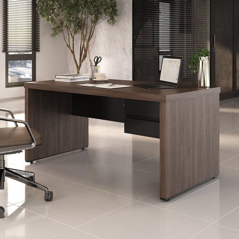 Escrivaninha Mesa Escritório Diretor em Tamburato com Elegance 2 Gavetas 158,5cm Charuto e Preto Marrom Artany