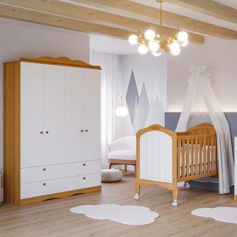 Quarto de Bebê 2 Peças com Berço e Guarda-Roupa 4 Portas 4 Gavetas Aquarela Espresso Móveis Bege/Nature/Branco