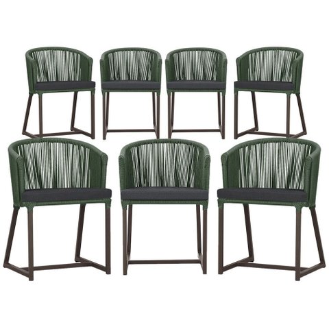 7 Cadeiras de Jantar Área Noronha em Alumínio com Pintura Marrom Corda Náutica Estofado 11 Trama Ori