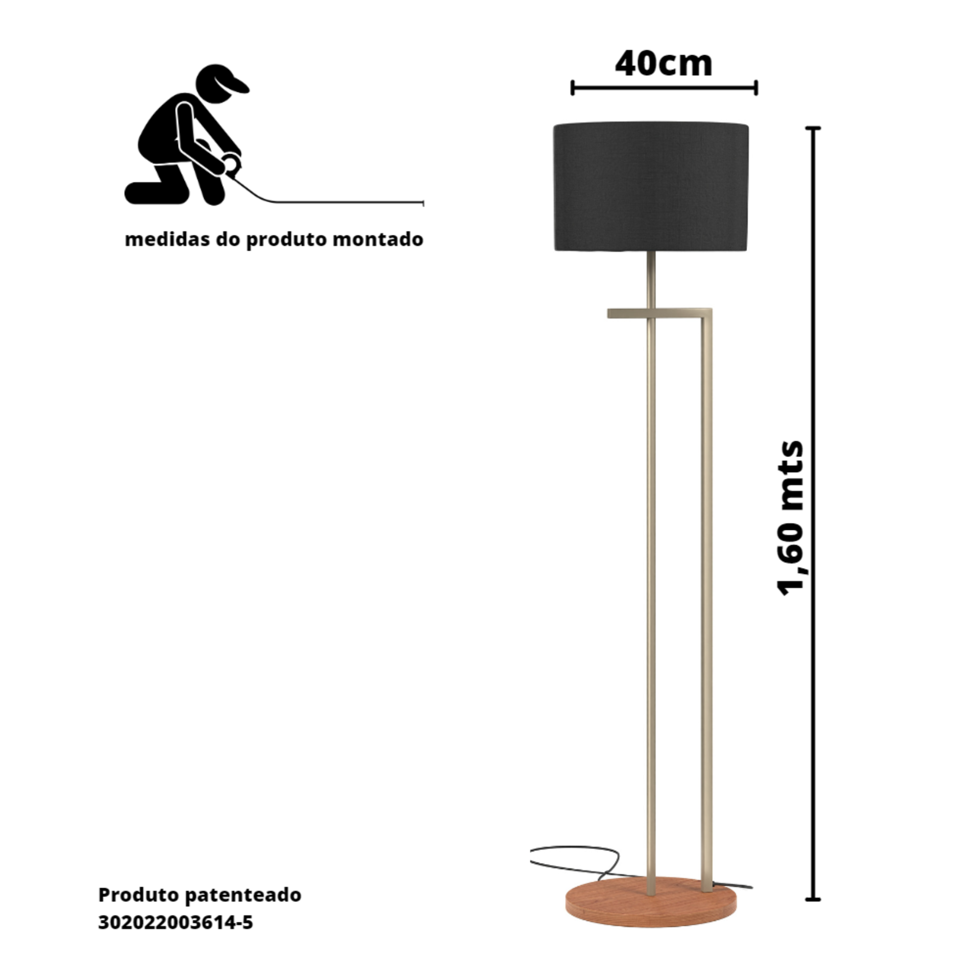 Abajur de Chão Decoração para Escritorio Base Mdf Bivolt Champagne com Preto - 4