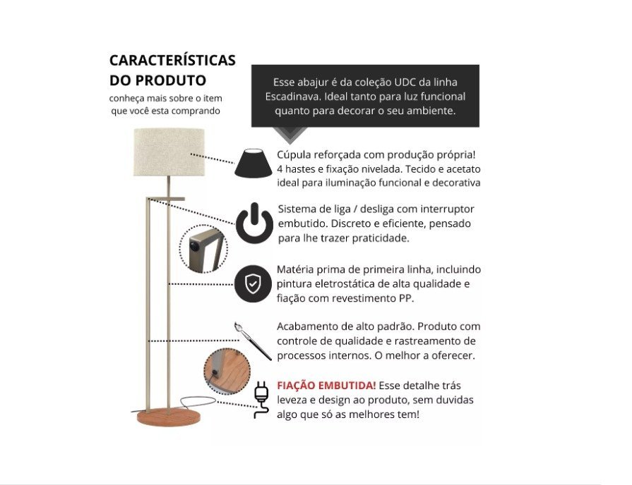Abajur de Chão Decoração para Escritorio Base Mdf Bivolt Champagne com Preto - 5