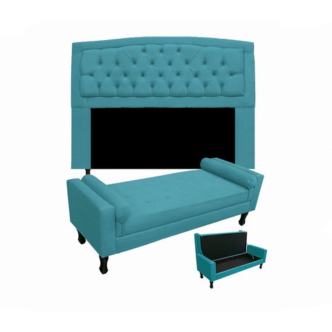 Jogo Cabeceira Geovana + Calçadeira Fênix Casal 140cm Suede Azul Turquesa
