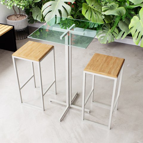 Conjunto Mesa Alta Bar Bistrô Quadrada Vidro 2 Bancos Pinus Industrial White Don Castro Decor Indust