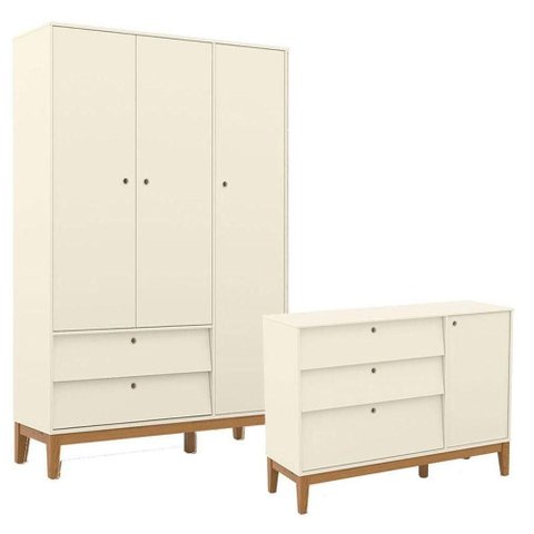 Cômoda Sapateira e Guarda Roupa Unique 3 Portas Off White Eco Wood