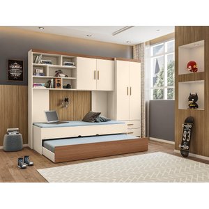 Quarto Juvenil Chiara 4 Peças - Roupeiro 2 Portas, Módulo Aéreo e Cama com Auxiliar - Off White
