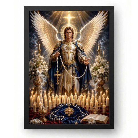 Quadro Quaresma de São Miguel com Presença Angelical Solene 21x30cm Moldura Preta