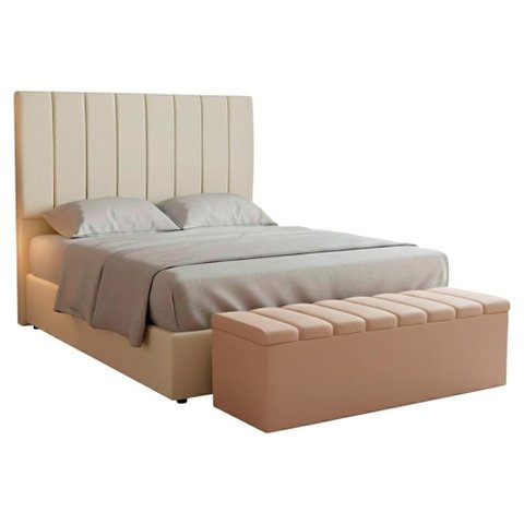 Cabeceira e Recamier Bau Casal 140 Cm Dalia Suede Bege Artte Bege