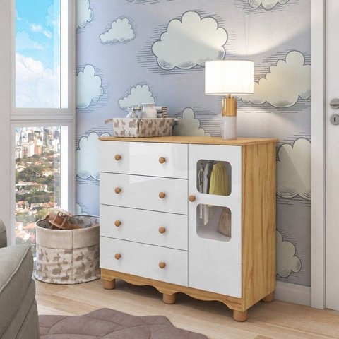 Cômoda Bebê 1 Porta com Janela e 4 Gavetas Mimo 100% MDF Espresso Móveis Amêndoa Branco