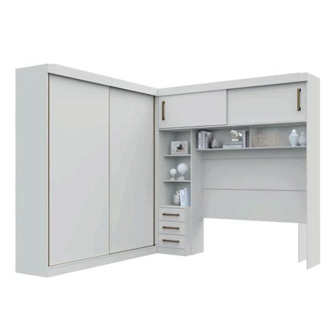 Guarda Roupa Casal Sparta 4 Portas de Correr 3 Gavetas MDF com Cabeceira Queen Branco Leifer Móveis