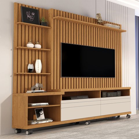 Estante Home Theater Ripado TV 60 Polegadas 190cmx180cm com Rodízios Nature Off White Nobre